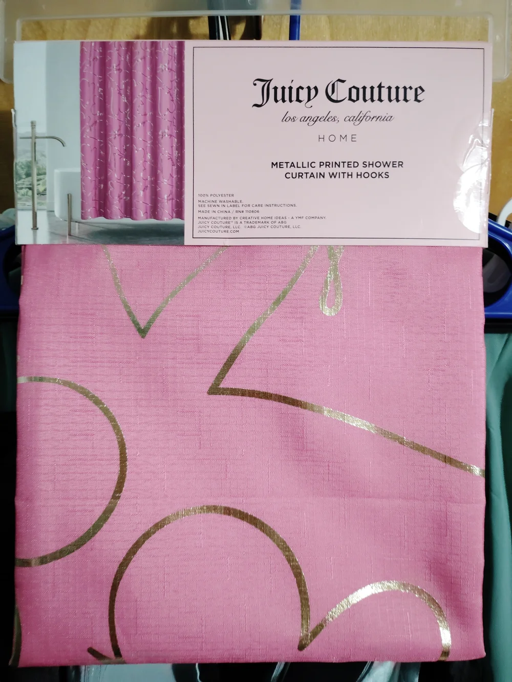 Juicy Couture Metallic Pink Shower Curtain with Hooks